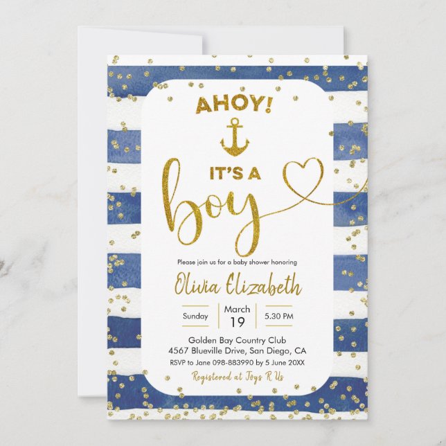 Anchor Navy Blue and Gold Stripes It's a Boy Invitation (Front)