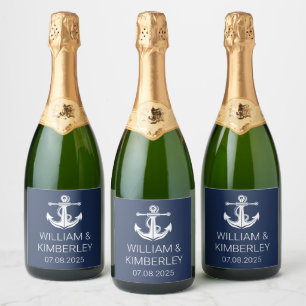 Anchor Navy Blue Nautical Elegant Wedding  Sparkling Wine Label