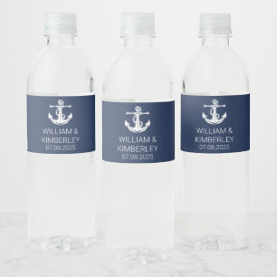 Anchor Navy Blue Nautical Elegant Wedding  Water Bottle Label