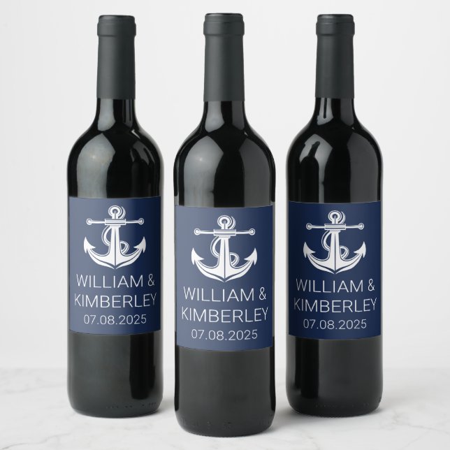 Anchor Navy Blue Nautical Elegant Wedding  Wine Label (Bottles)