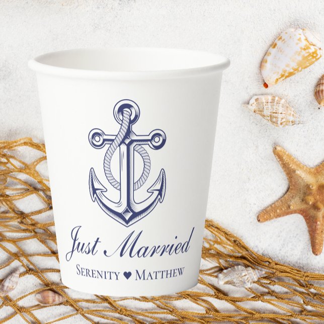 Anchor Navy Blue Nautical Just Married Wedding Paper Cups (Creator Uploaded)