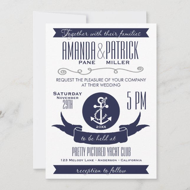 Anchor Navy Blue Nautical Wedding Invitations (Front)