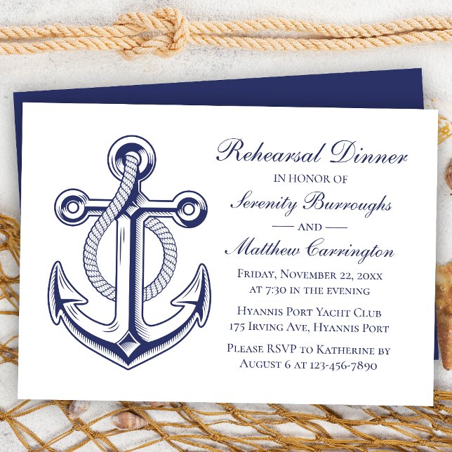 Anchor Navy Blue Nautical Wedding Rehearsal Dinner Invitation (Creator Uploaded)