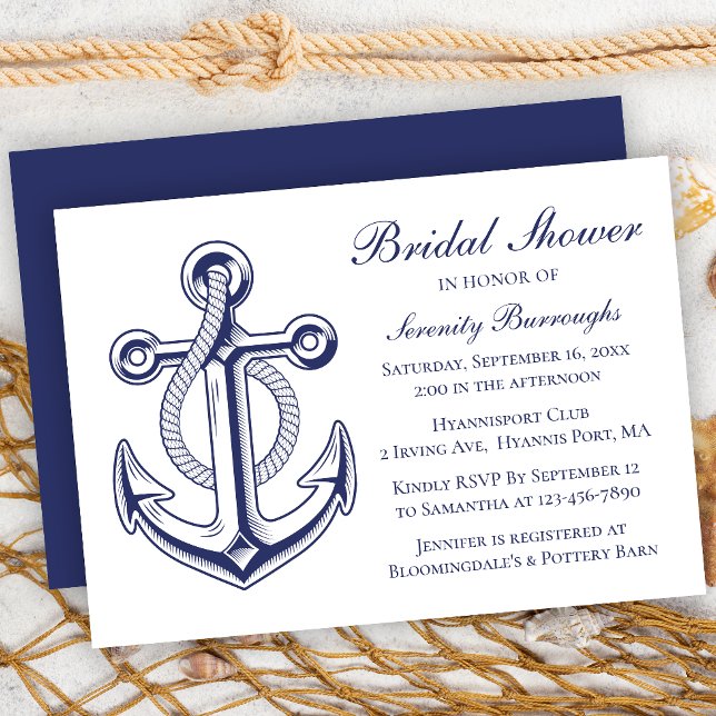 Anchor Navy Blue Sailor Nautical Bridal Shower Invitation (Creator Uploaded)