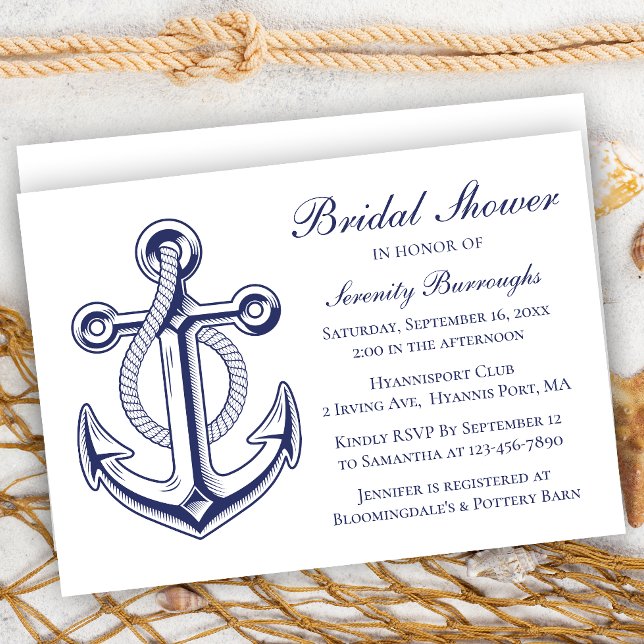 Anchor Navy Blue Sailor Nautical Bridal Shower Invitation (Creator Uploaded)