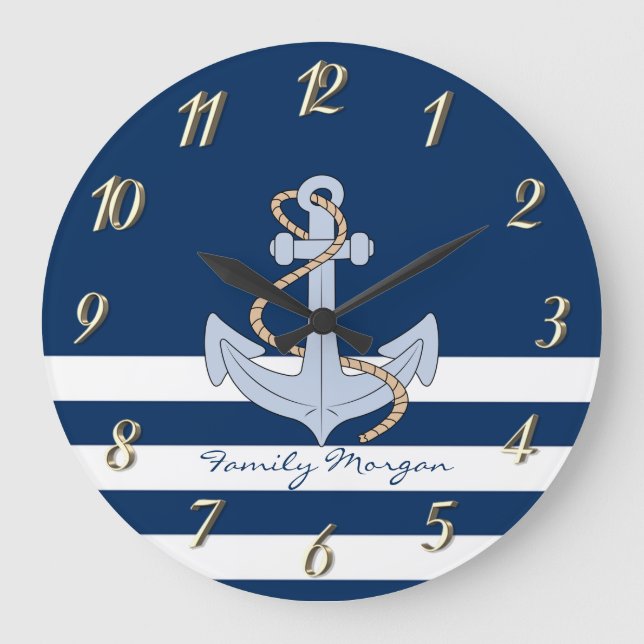  Anchor Navy Blue Striped  Large Clock (Front)