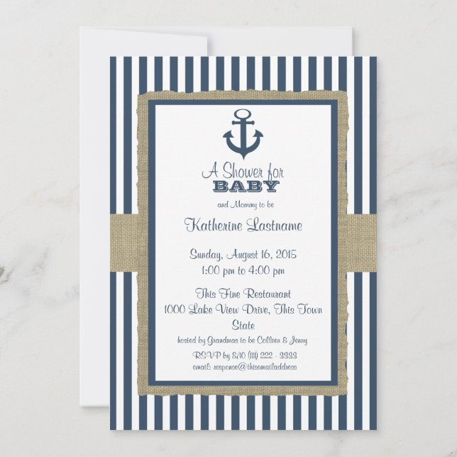 Anchor Navy Blue Stripes Baby Shower Invitation (Back)