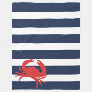 Anchor Navy Blue Stripes Red Crab Fleece Blanket