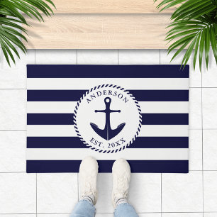 Anchor Navy Blue White Personalised Nautical Doormat
