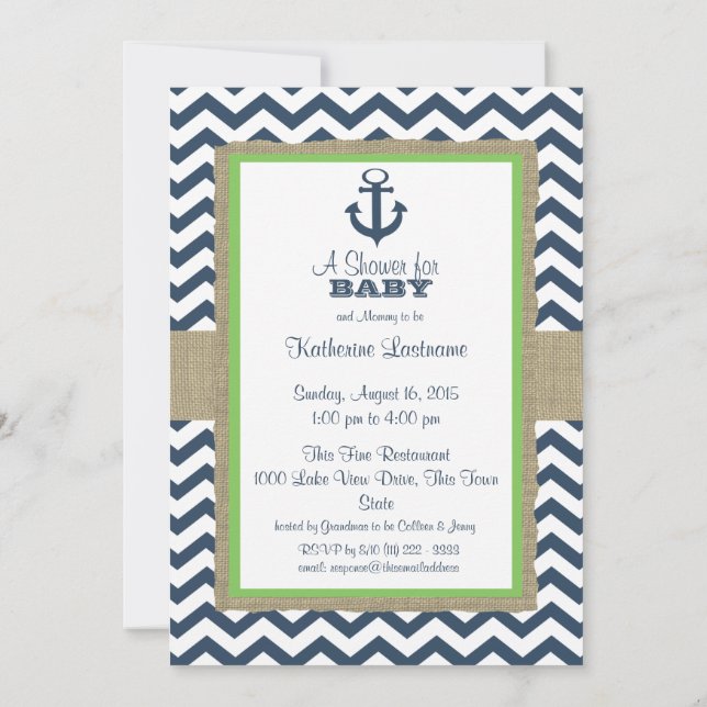 Anchor Navy Blue ZigZag Baby Shower Invitation (Back)