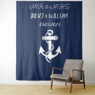 Anchor Navy Mr & Mrs Wedding Backdrop banner Tapestry