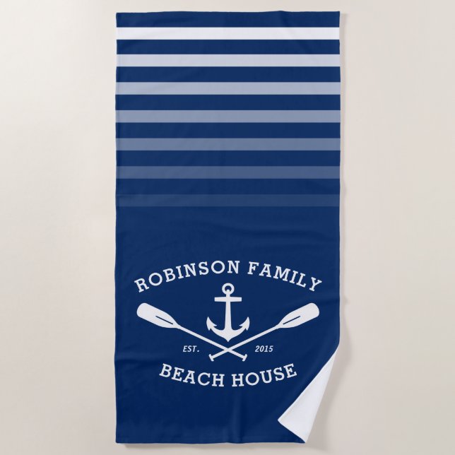 Anchor Oars Family Name Beach House Navy Blue Towel (Front)