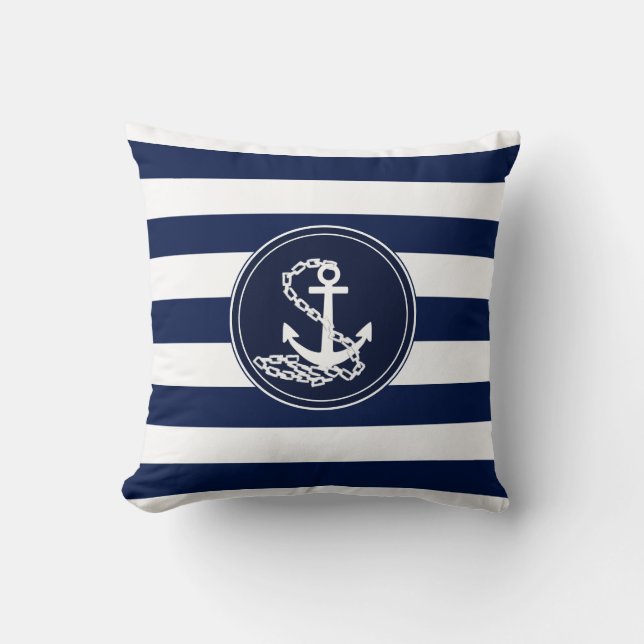 Anchor On Nautical Blue And White Stripes Sailor Cushion (Front)