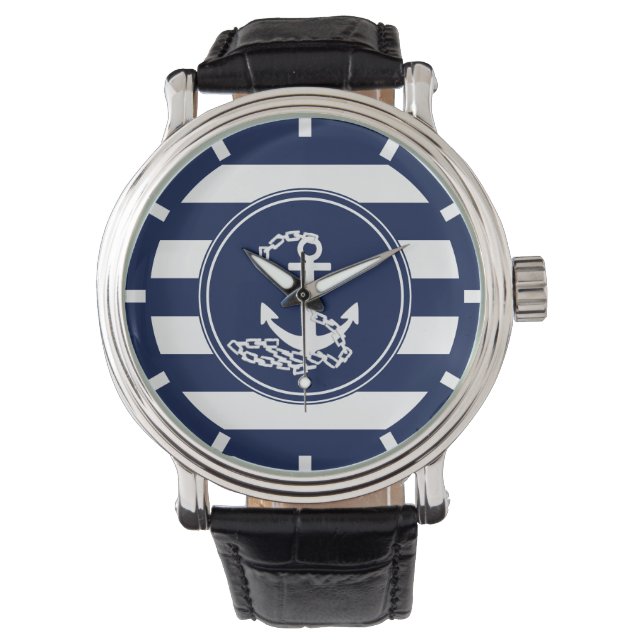 Anchor On Nautical Blue And White Stripes Sailor Watch (Front)
