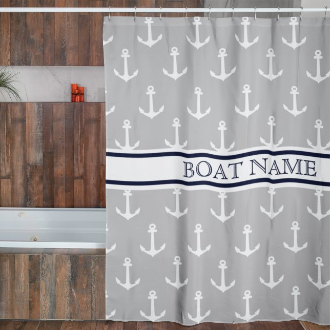 Anchor Pattern Grey Blue Nautical Boat Name  Shower Curtain (Creator Uploaded)