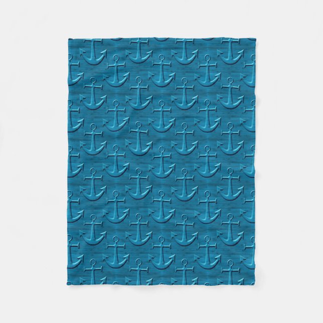 Anchor Pattern On Blue Wood Texture Fleece Blanket (Front)
