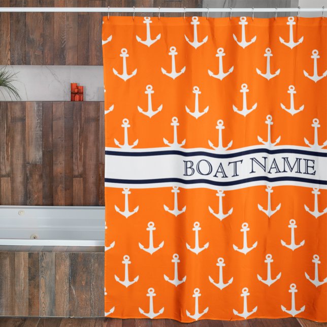 Anchor Pattern Orange Blue Nautical Boat Name Shower Curtain (Creator Uploaded)