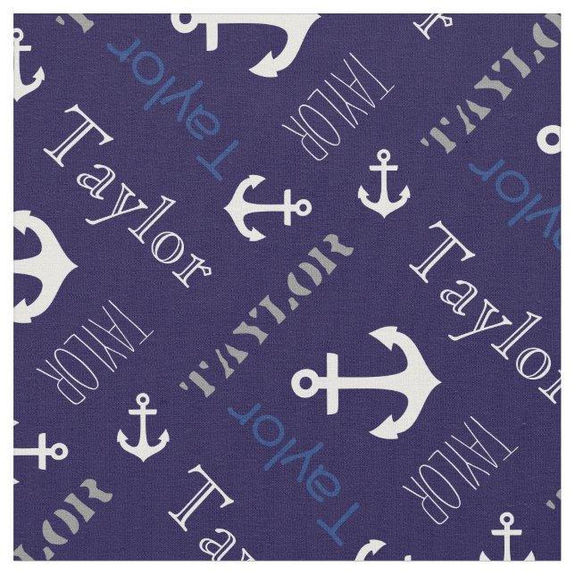 Anchor personalised name blue nautical text fabric (Close Up)