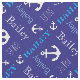 Anchor personalised name blue nautical text fabric