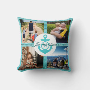 Anchor Photo Boat Rustic Blue  Throw Pillow