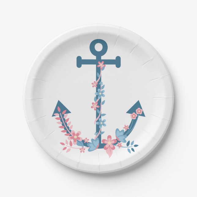 Anchor Pink Blue Floral Nautical Bridal Shower  Paper Plate (Front)