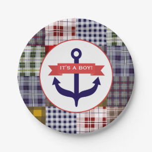 Anchor + Plaid Boy Baby Shower Paper Plate