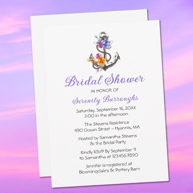 Anchor Purple Floral Nautical Bridal Shower Invitation (Creator Uploaded)