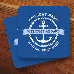 Anchor rope border boat name welcome aboard coaster<br><div class="desc">Coaster featuring a white nautical anchor surrounded by a rope border on a dark blue background. Across the anchor is a light blue banner with customisable text "welcome aboard". Add your boat's name and hailing port.</div>