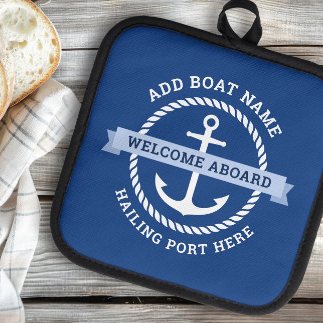 Anchor rope border boat name welcome aboard pot holder (Anchor rope border boat name welcome aboard pot holder)