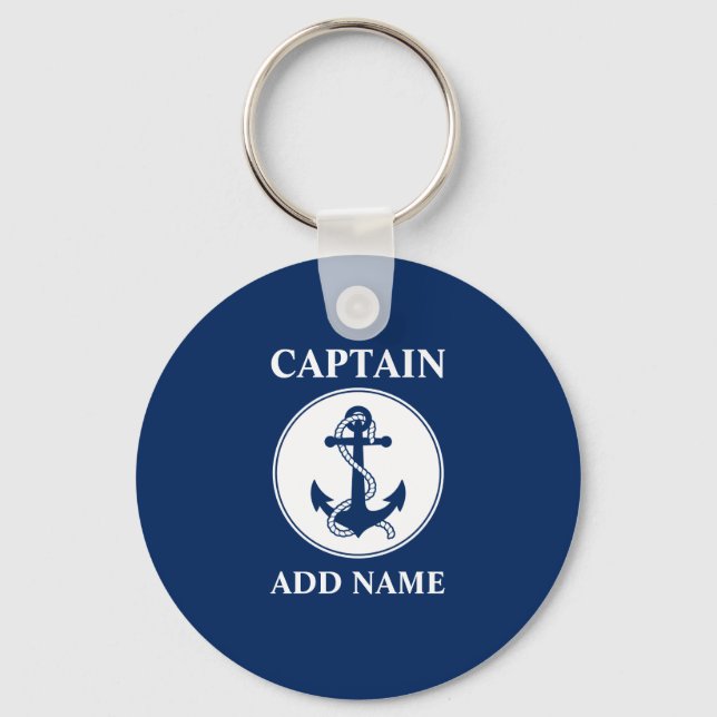 Anchor & Rope Captain Add Name or Boat Name Blue Key Ring (Front)