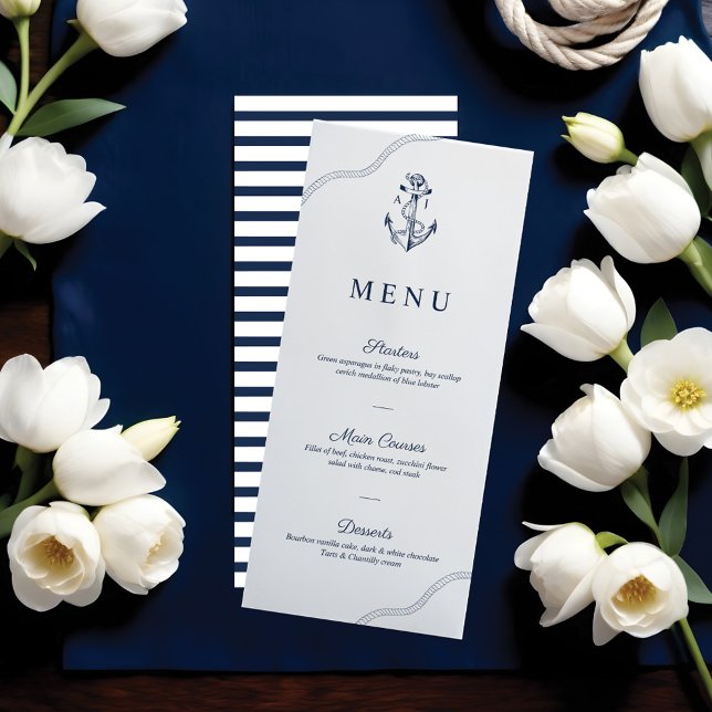 Anchor & Rope Nautical Monogram Navy & White Menu (Anchor & Rope Nautical Monogram Navy & White Menu)