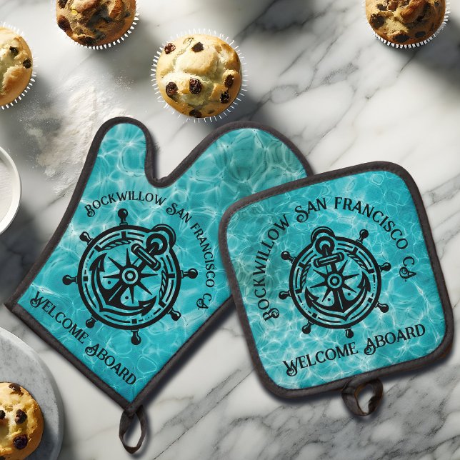 Anchor Rope Ship Wheel Boat Name Welcome Aboard Oven Mitt & Pot Holder Set (Creator Uploaded)