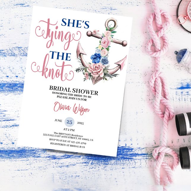 Anchor Rose Tying the Knot Nautical Bridal shower Invitation (Anchor Rose Tying the Knot Nautical Bridal shower floral summer for her blush pink bride to be invit)
