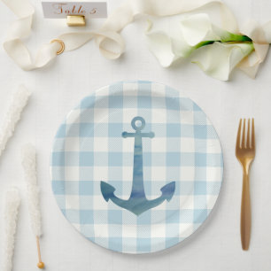 Anchor Sailboat Nautical Blue Gingham Check Paper Plate