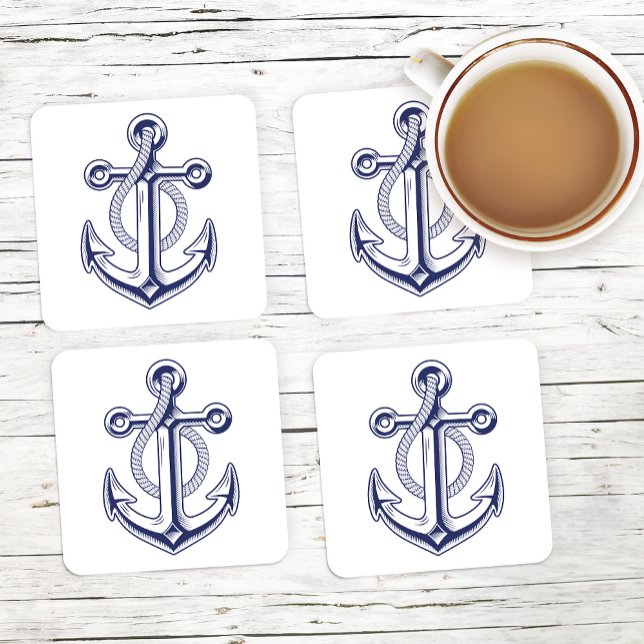 Anchor Sailor Navy Blue Elegant Nautical Wedding Square Paper Coaster (Creator Uploaded)