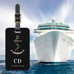 Anchor sea silver black monogram name luggage tag<br><div class="desc">A classic black background. Decorted with a faux silver anchor. Personalise and add your monogram initials and full name on the front. 
Back: add your contact information.</div>