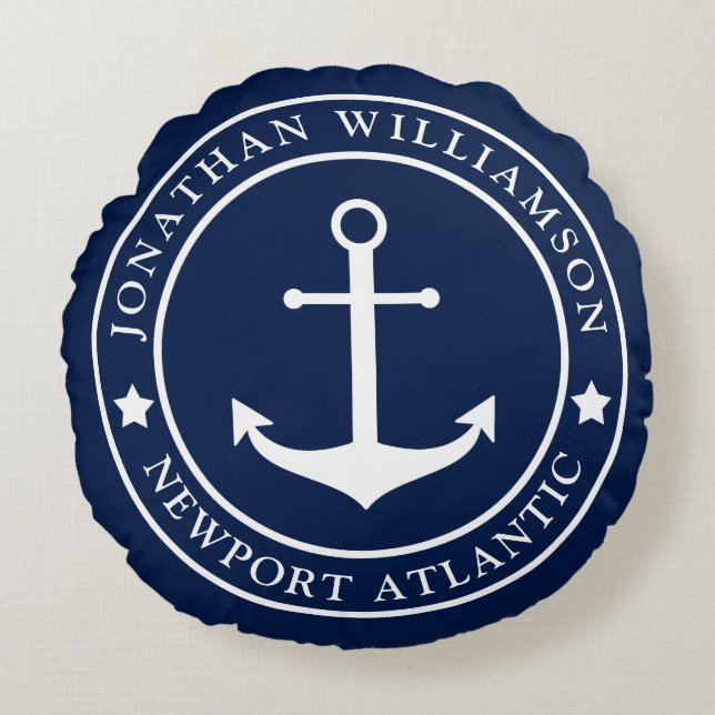 Anchor, Ship's Wheel Badge,  Nautical Round Cushion (Front)