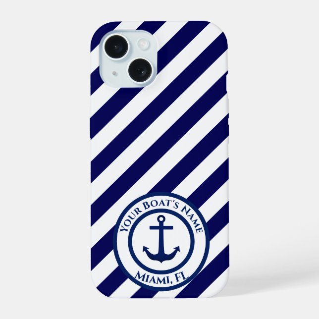 Anchor Stamp and Diagonal Stripes Custom iPhone 15 Case (Back)