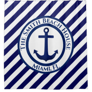 Anchor Stamp and Diagonal Stripes Custom Shower Curtain