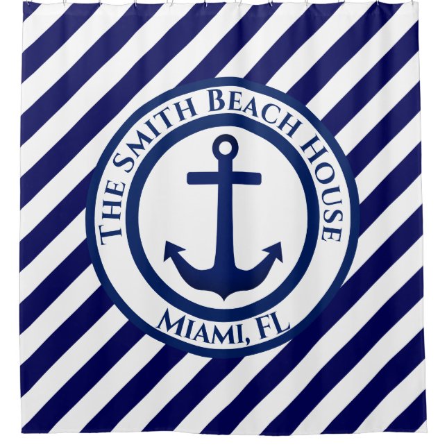 Anchor Stamp and Diagonal Stripes Custom Shower Curtain (Front)