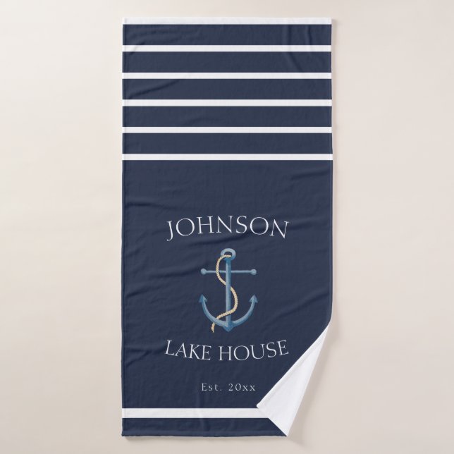 Anchor Striped Lake House Navy Bath Towel (Bath Towel)