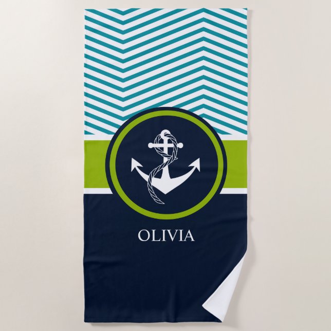 ANCHOR STRIPED NAUTICAL MONOGRAM GREEN AND NAVY BEACH TOWEL (Front)