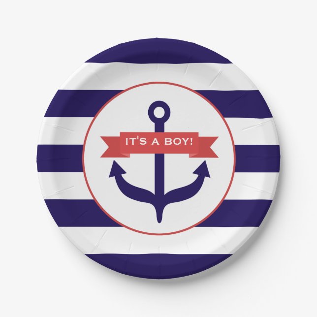 Anchor + Stripes Boy Baby Shower Paper Plate (Front)