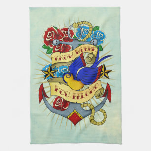 Anchor, Swallow and Roses Tea Towel