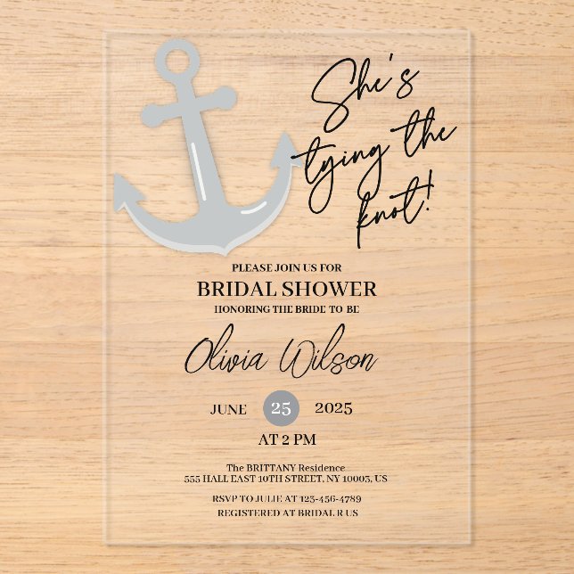 Anchor Tying the Knot Nautical Bridal Shower  Acrylic Invitations (Front)