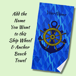 Anchor & Wheel on Water, Add Name Light Dark Blue Beach Towel