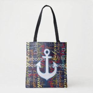 anchor with a pattern of colourful names on blue tote bag