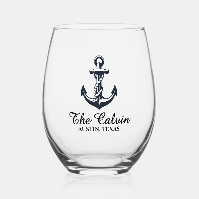 Anchor with Boat Line Stemless Wine Glass (Front)
