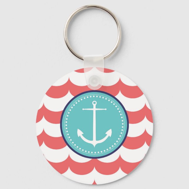 Anchor with Coral Waves Pattern Key Ring (Front)