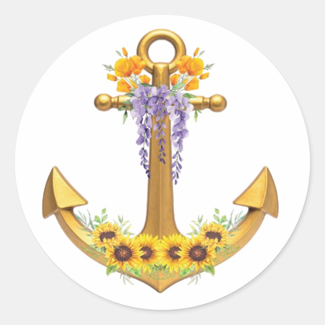 Anchor with Flowers Classic Round Sticker (Front)